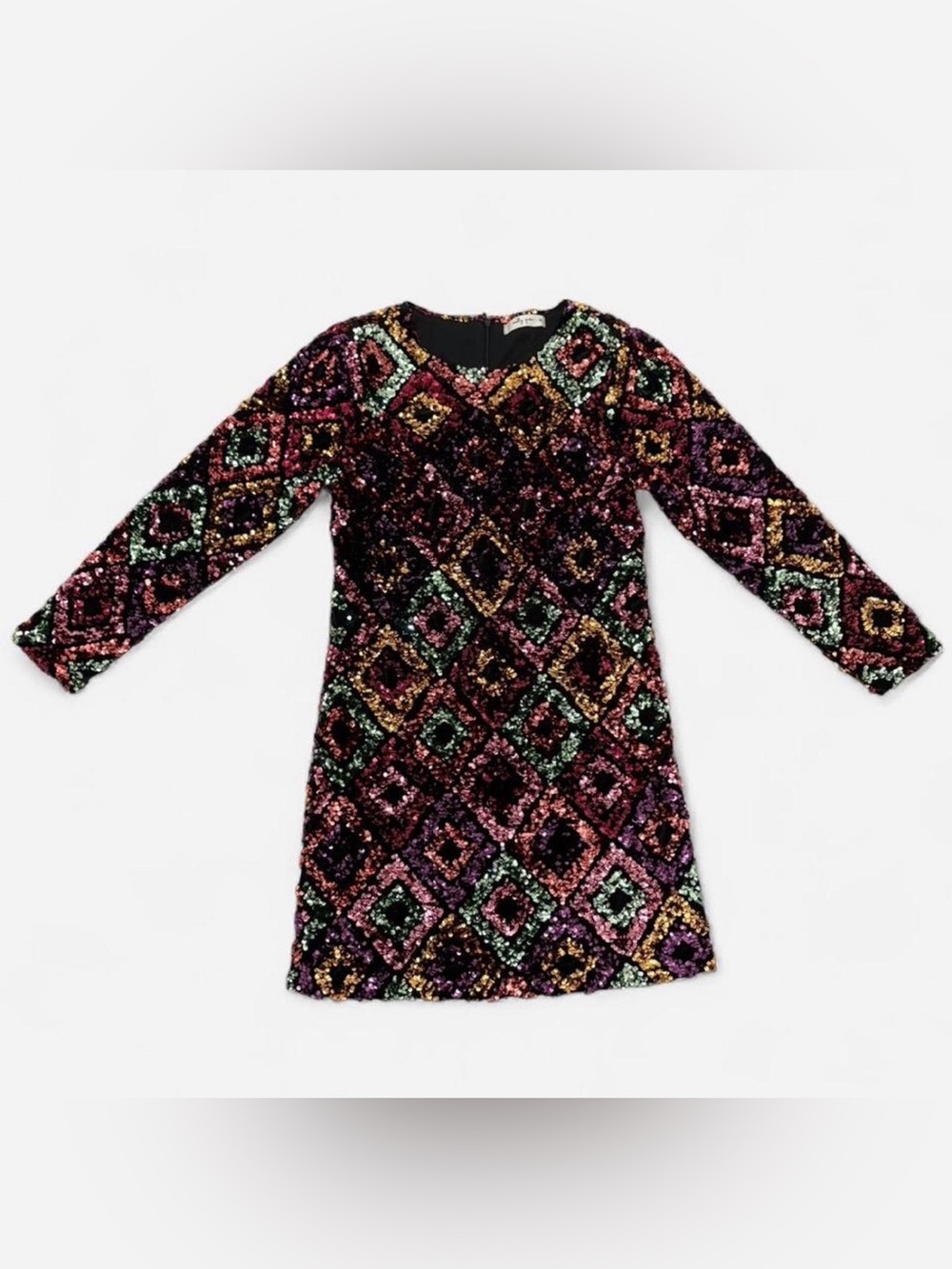 Molly Green | Multicolor Sequin Diamond Pattern Long Sleeve Mini Dress